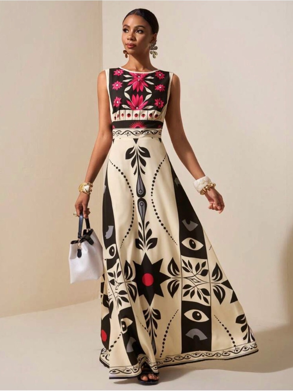 Sleeveless Floral & Geometric Maxi Dress in Cream and Black with Pink Accents